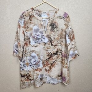 Peck & Peck Cream and Brown Relaxed Floral Tunic Large (5276)